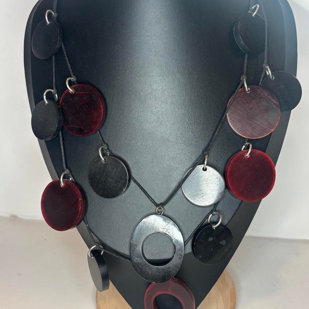 Y2K Artwear Burgundy Black Resin Disc Necklace Geometric Avant Garde Boho 23"